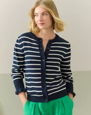 Striped Ribbed Knit Ruffle Cardigan