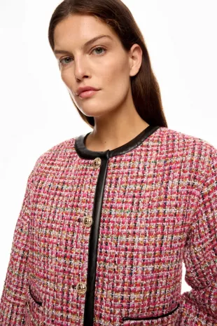 Faux Leather Trim Tweed Jacket