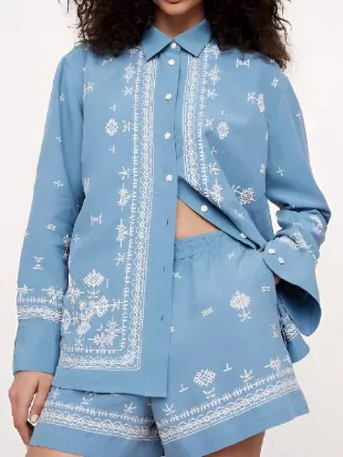 Only Murders in the Building S05 Meryl Streep Blue Embroidered Shirt