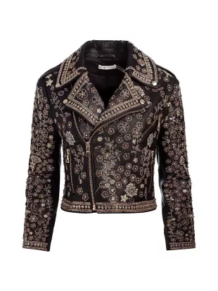 Embellished Leather Crop Jacket