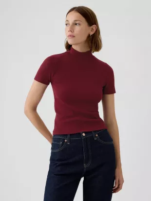 Burgundy Red Modern Cotton-Modal Ribbed Mock Neck Short Sleeve T-Shirt