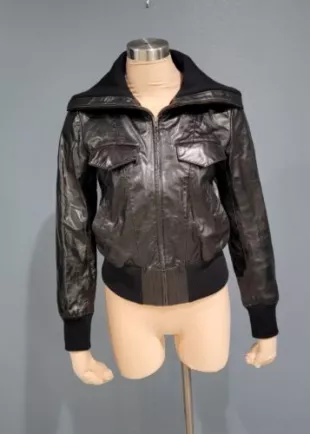 Black Genuine Leather Bomber Biker Knit Collar Jacket