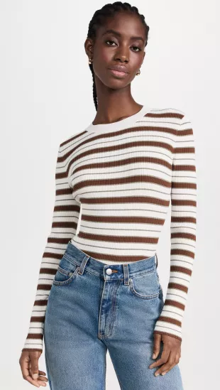 Mocha Multi Stripe Print Crew Neck Stretch Woven Blend Jumper