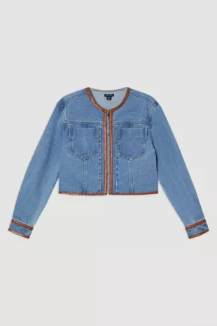 Denim & Faux Leather Tipping Collarless Tailored Jacket