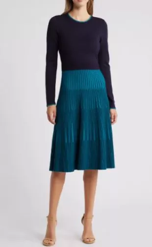 Long Sleeve Mixed Media Fit & Flare Dress