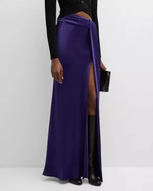 Asymmetric-Waist Draped Slit Satin Maxi Skirt