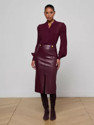 Arlette Vegan Leather Midi Skirt in Dark Port