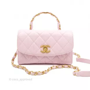 Mini Flap Bag with Top Handle Pink Crumpled Lambskin Aged Gold Hardware