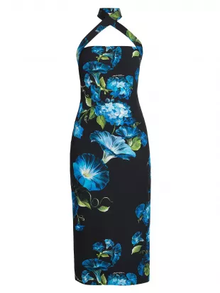 Floral Choker Halter Sheath Midi-Dress in Campanule Nero