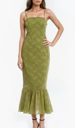Floral Ruffle Hem Pencil Dress in Green