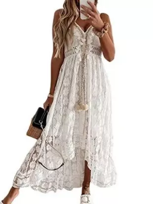Lace Casual Tassel Beach Spaghetti Straps Flowy Maxi Sun Dress in White