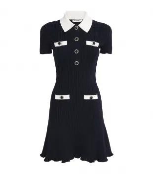 Navy Rib-Knit Contrast-Trim Mini Dress