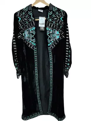 Crazy Train Black Velvet Duster Embroidered Silver Turquoise Beaded Western