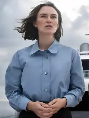 Keira Knightley The Woman in Cabin 10 Blue Shirt