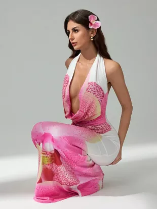 Tall Women All Over Print Halter Neck Ruffle Back Detail Long Dress