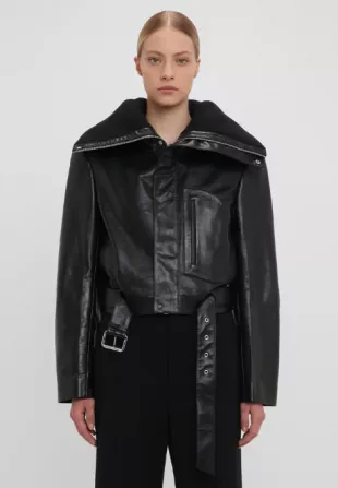 Cropped Belted Leather Biker Jacket In Black
