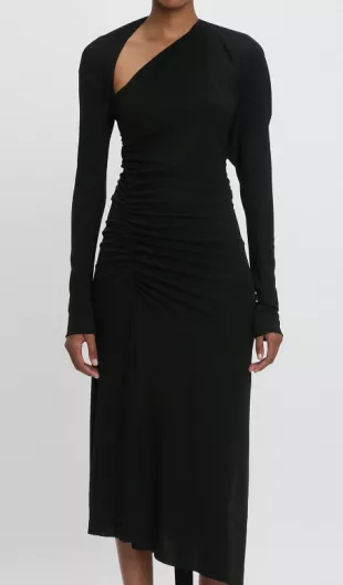 Slash-Neck Ruched Midi Dress In Black Regular