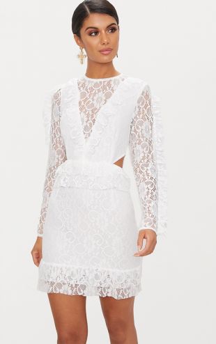 White Lace Long Sleeve Ruffle Detail Bodycon Dress