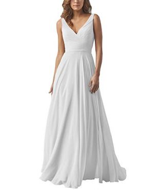 V Neck Pleated Chiffon Beach Wedding Dresses A-line Boho Long Bridal Wedding Gown White