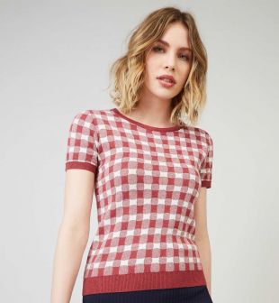 Pull col rond à carreaux (gris beige ou rouge)