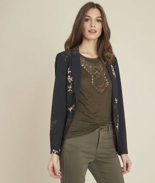 Veste tailleur noire imprimé fleuri