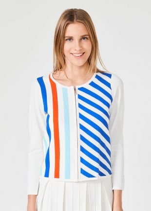VESTE EN MAILLE BLANCHE COL ROND À RAYURES COLORÉS