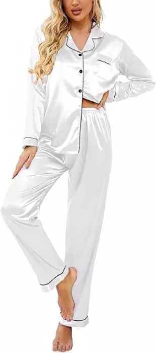 Satin Pajamas Set Classic Button Down Long Pjs Set