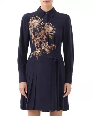 Placed Pleated Floral Silk Midi-Dress