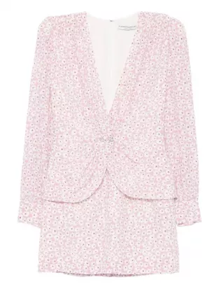 Wrap-effect Embellished Pleated Floral-print Mini Dress