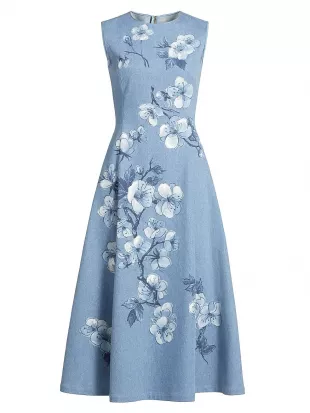Cherry Blossom Printed Denim Sleeveless Midi Dress