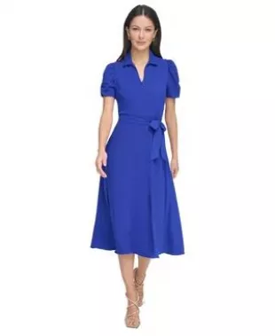 Collared Short-Sleeve Tie-Waist Midi Dress