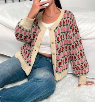 Qutie Plus Floral Pattern Drop Shoulder Cardigan