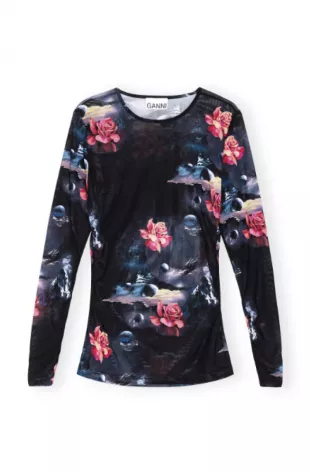 Printed Mesh Long Sleeve Gathered Blouse