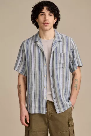 Linen Dobby Stripe Camp Collar Short Sleeve Shirt
