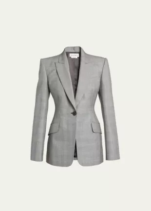 Prince Of Wales One Button Wool Blazer