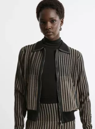 Shrunken Jacquard Knit Jacket Pu With Collar