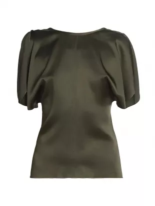 Satin Draped-Sleeve Top in Dark Olive