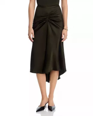 Ruched Satin Midi-Skirt in Dark Olive