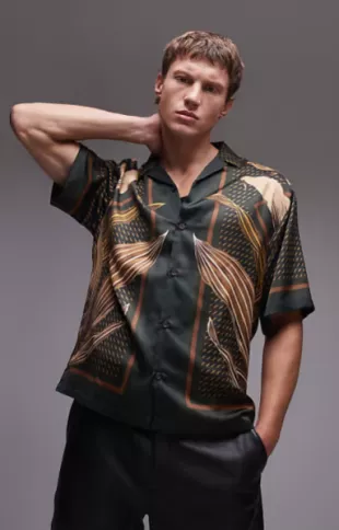Short Sleeve Satin Botanical Printed Shirt