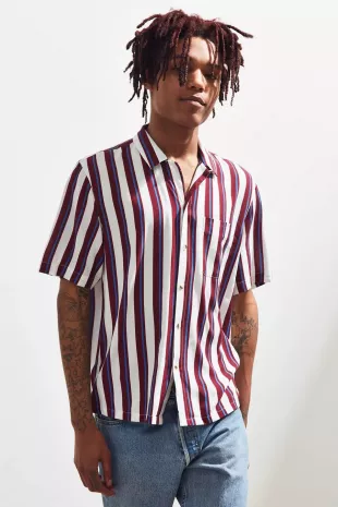 Rayon Vertical Stripe Short Sleeve Button-Down Shirt