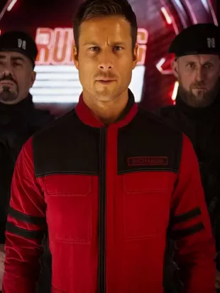 The Running Man 2025 Glen Powell Red Jacket