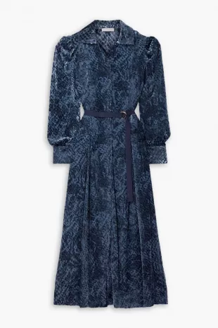 Thalia Belted Devore-velvet Maxi Shirt Dress