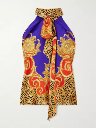 Bow-Detail Printed Silk Satin Top