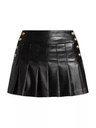Lanna Pleated Button Faux Leather Miniskirt