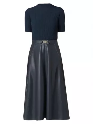 Angela Mixed-Media Faux-Leather Midi-Dress