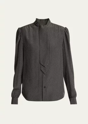 Polka Dot Tie-Neck Button Down Silk Blouse