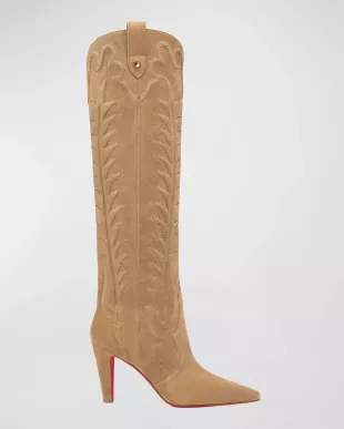 Santia Suede Knee-High Red Sole Western Boots in Beige