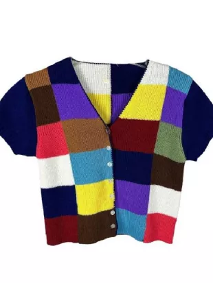 The Brady Bunch Maureen McCormick Multi-Color Blocks Cardigan