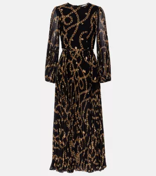 Chain Print Long Sleeve Sunray Pleated Dress