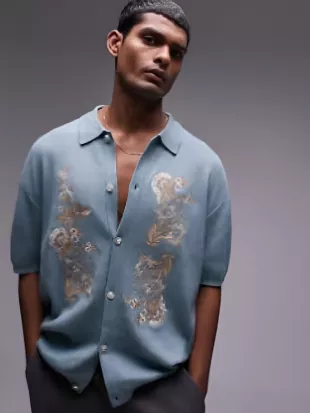 The Voice 2025 Peyton Kyle Blue Embroidered Shirt